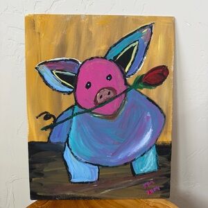 Pig Rose Acrylic Painting 14x11 Hand Painted Whimsical Animal Art Canvas Board